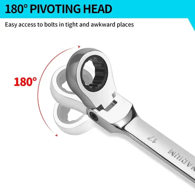 16 size ratchet combination wrench set with 180° pivoting head for easy access to tight spaces