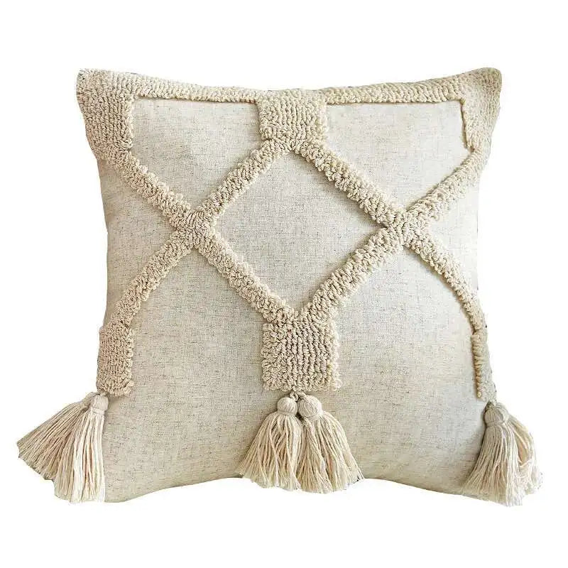 Beige neutral tassel pillowcase for living room, bedroom decor