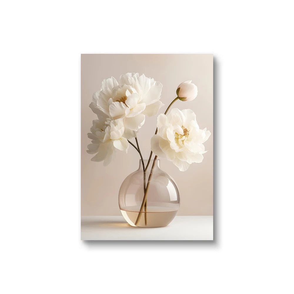 Nordic Beige Peony Flowers Canvas Painting Modern Floral Decoration