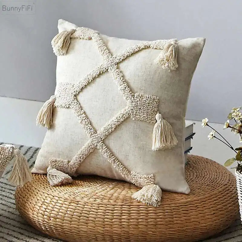 Beige neutral tassel pillowcase for living room, bedroom decor