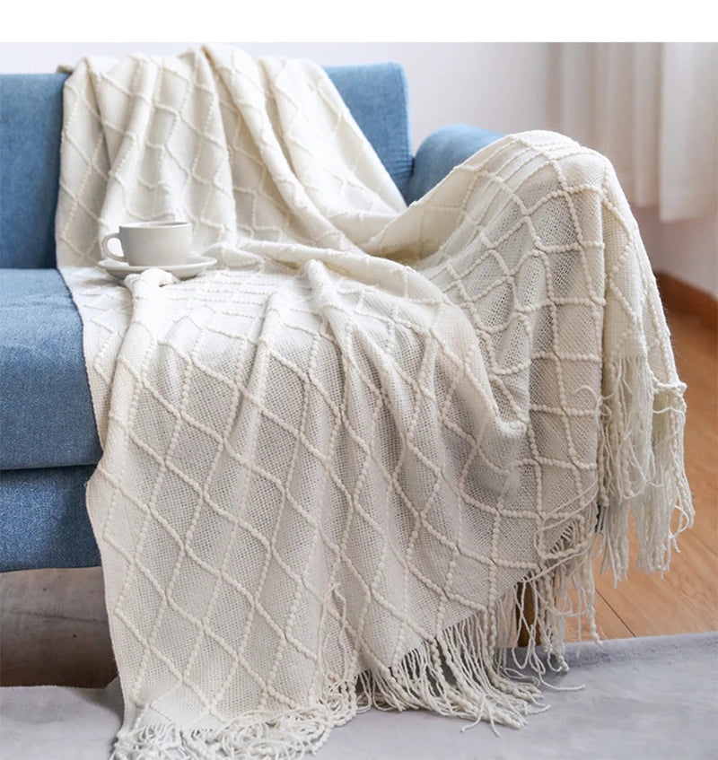 Khaki gift set knitted blanket with tassels, thick vintage luxury oversized throw cover for sofa.