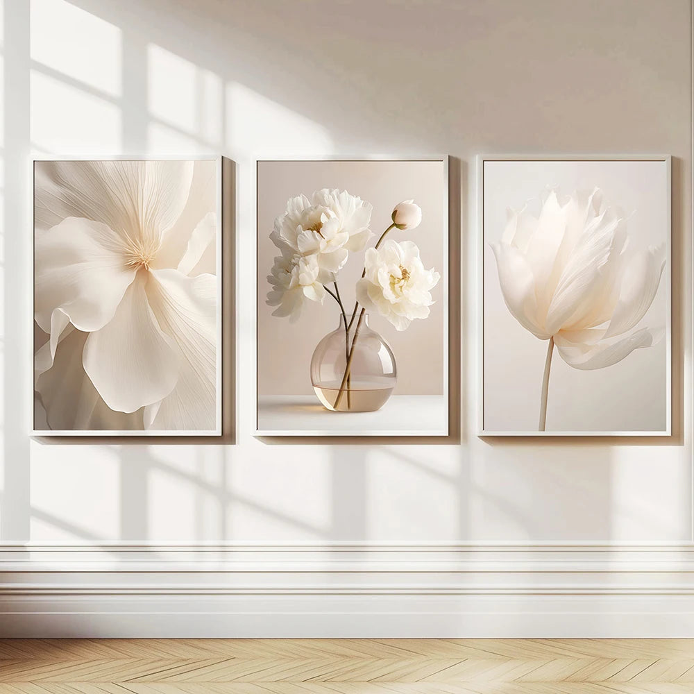 Nordic Beige Peony Flowers Canvas Painting Modern Floral Decoration