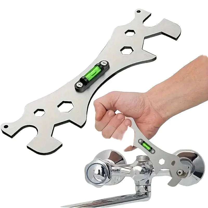 Multifunctional stainless steel wrench installation level with hexagonal taps and angle ruler in hand.