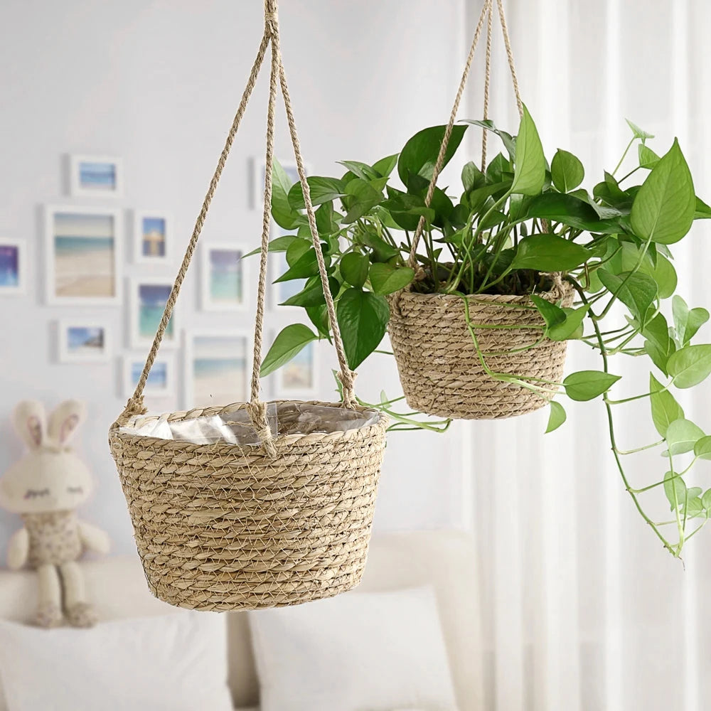Straw Hanging Basket Planter Twine Woven Flower