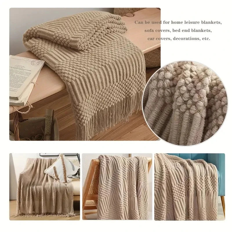 Khaki gift set knitted blanket with tassels, thick vintage luxury oversized throw cover for sofa.