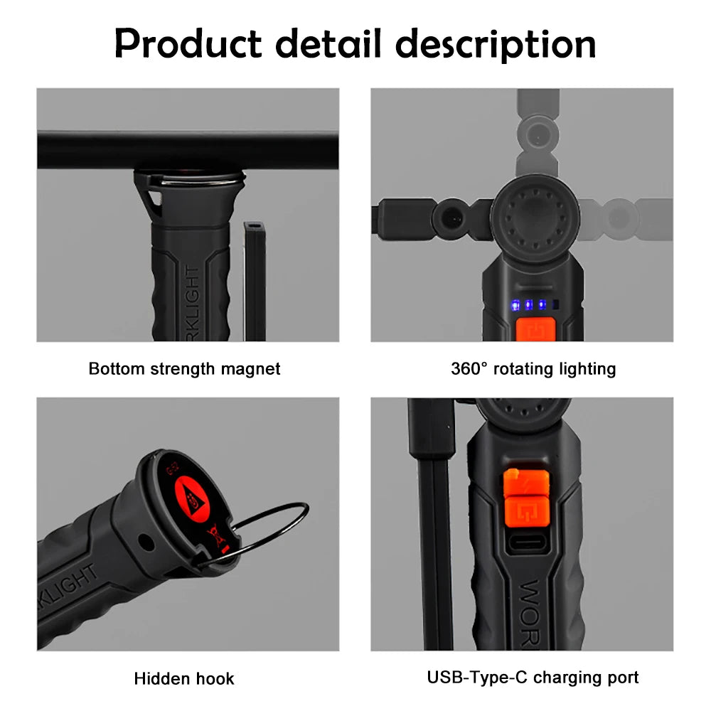 LED Folding Flashlight with Magnetic Base COB Light 360°Rotate