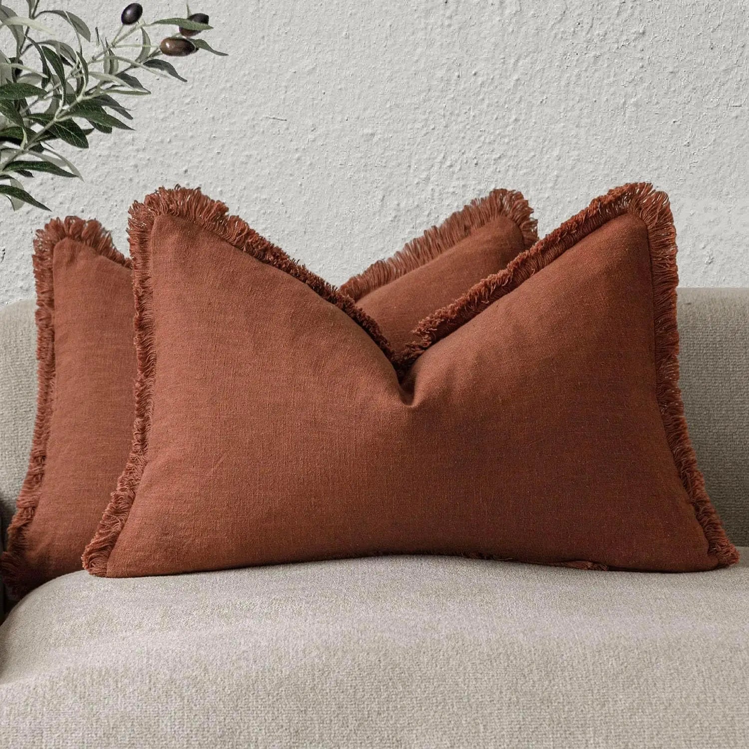 Set of 2 decorative linen cushion covers with fringes for sofa