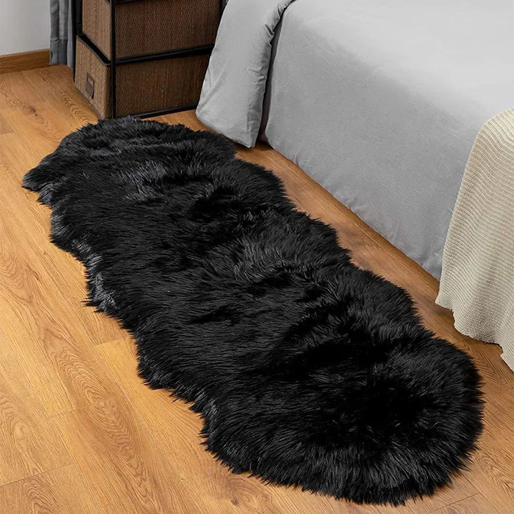 Soft and fluffy imitation sheepskin rug luxurious for bedroom or living room.