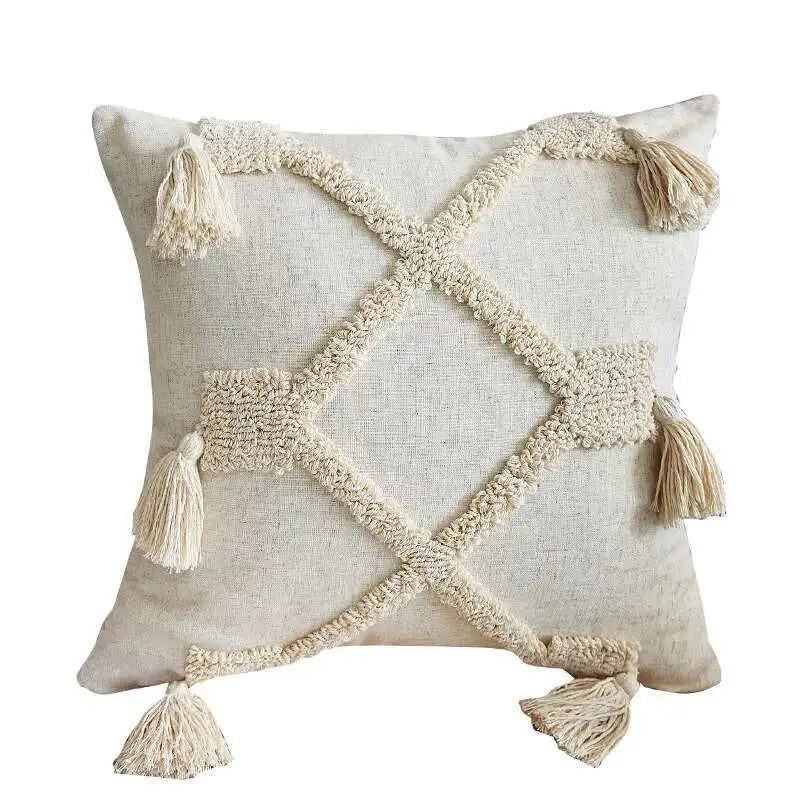 Beige neutral tassel pillowcase for living room, bedroom decor