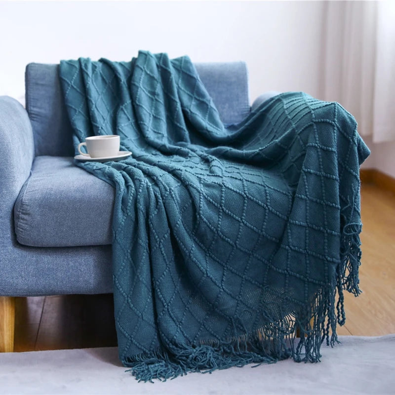Khaki gift set knitted blanket with tassels, thick vintage luxury oversized throw cover for sofa.