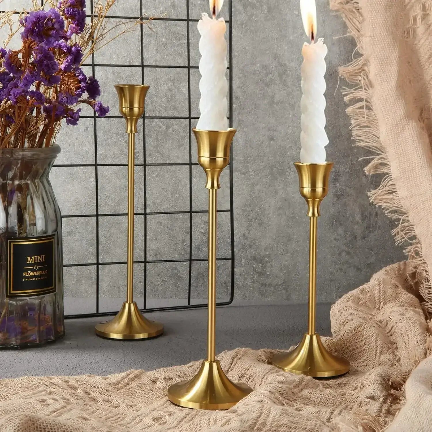 Vintage Elegant Metal and Aluminum Set of 3 Tabletop Candle Holders, Home and Decoration