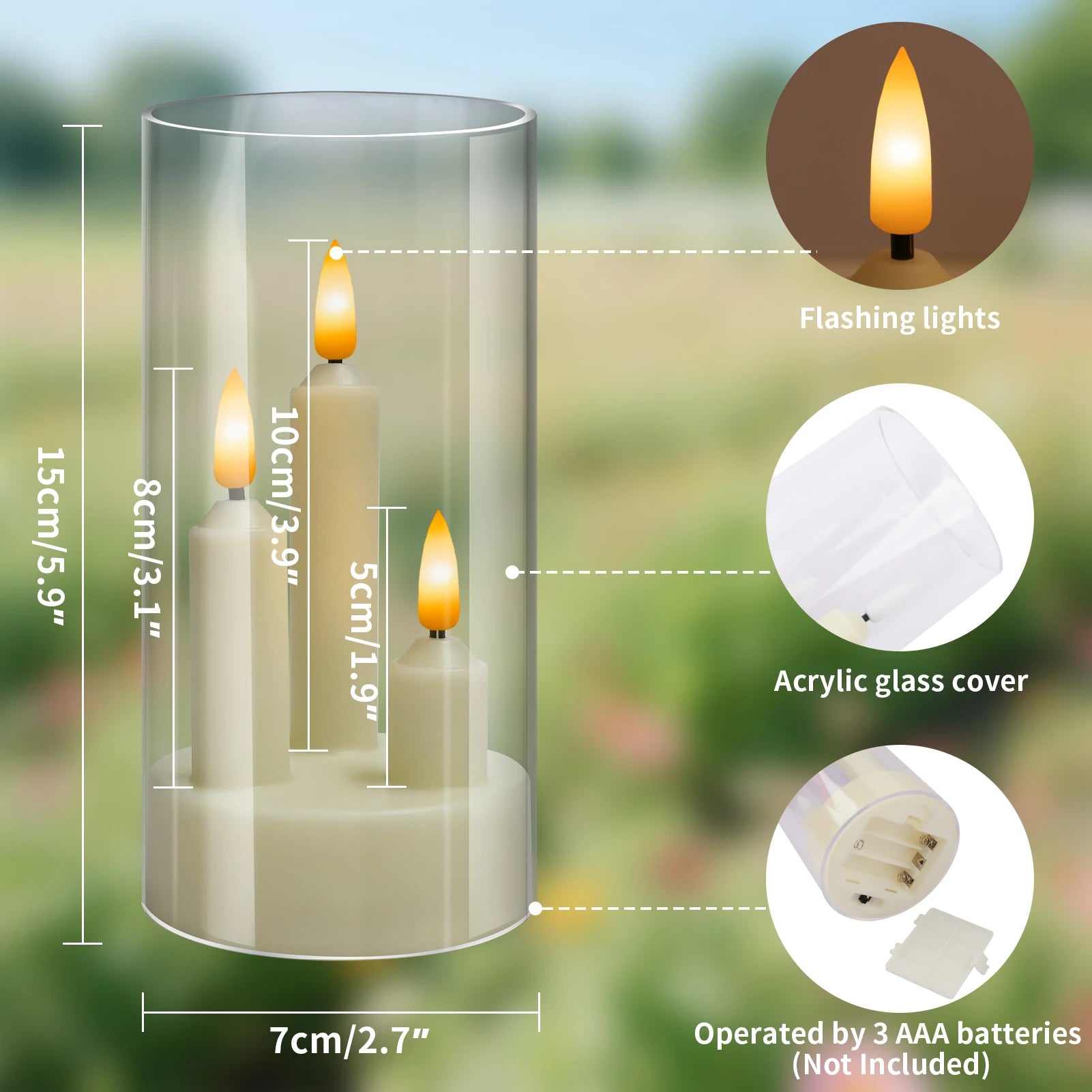 Flameless 3 in 1 LED Taper Candles with 15CM Lampshade Battery