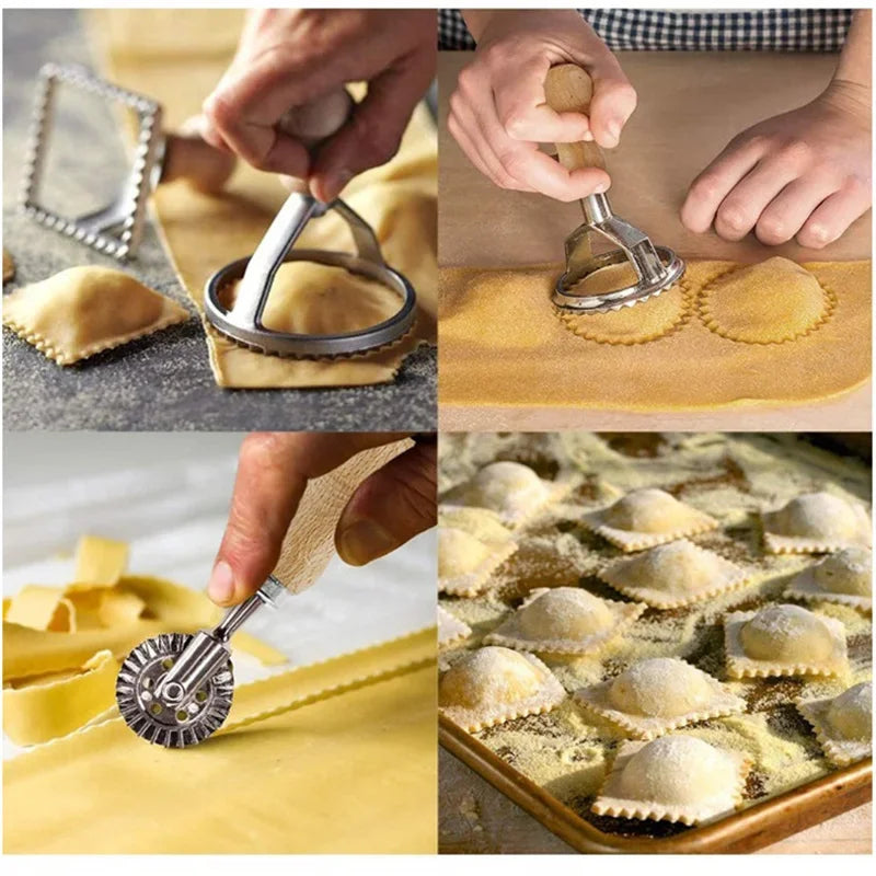 Set of stainless steel cutters dough press and cutter ravioli and biscuit.