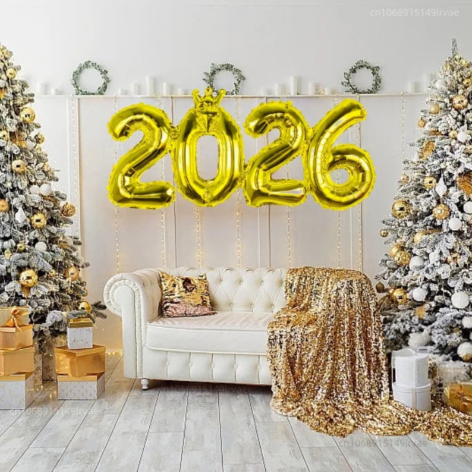 2026 Gold Crown Foil Number Balloons for 2026 - New Year Christmas Eve Festival Party