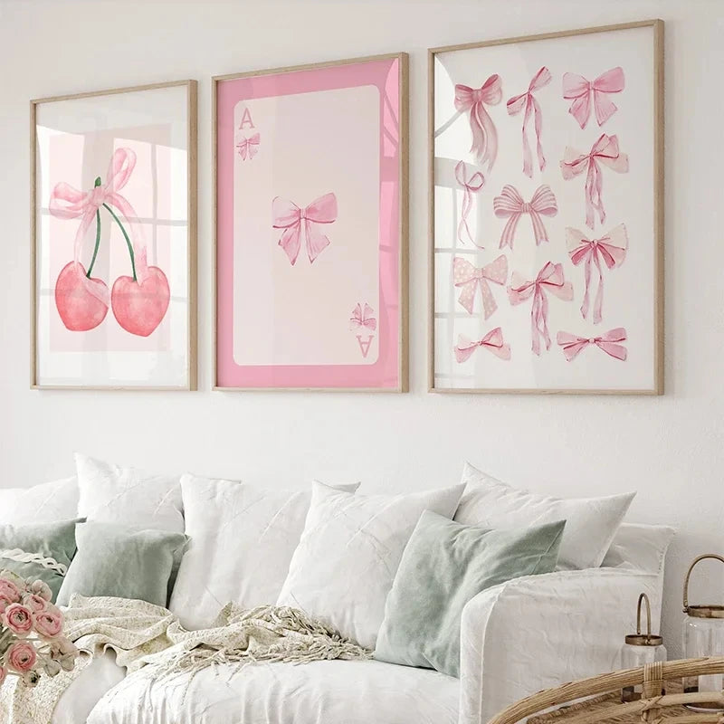 Trendy Pink Bows Set of 3-Watercolor Preppy Posters Decoration