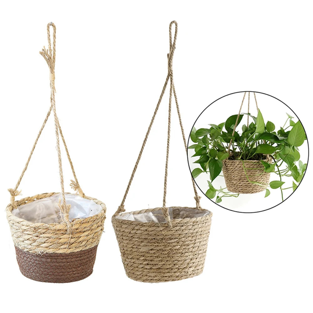 Straw Hanging Basket Planter Twine Woven Flower