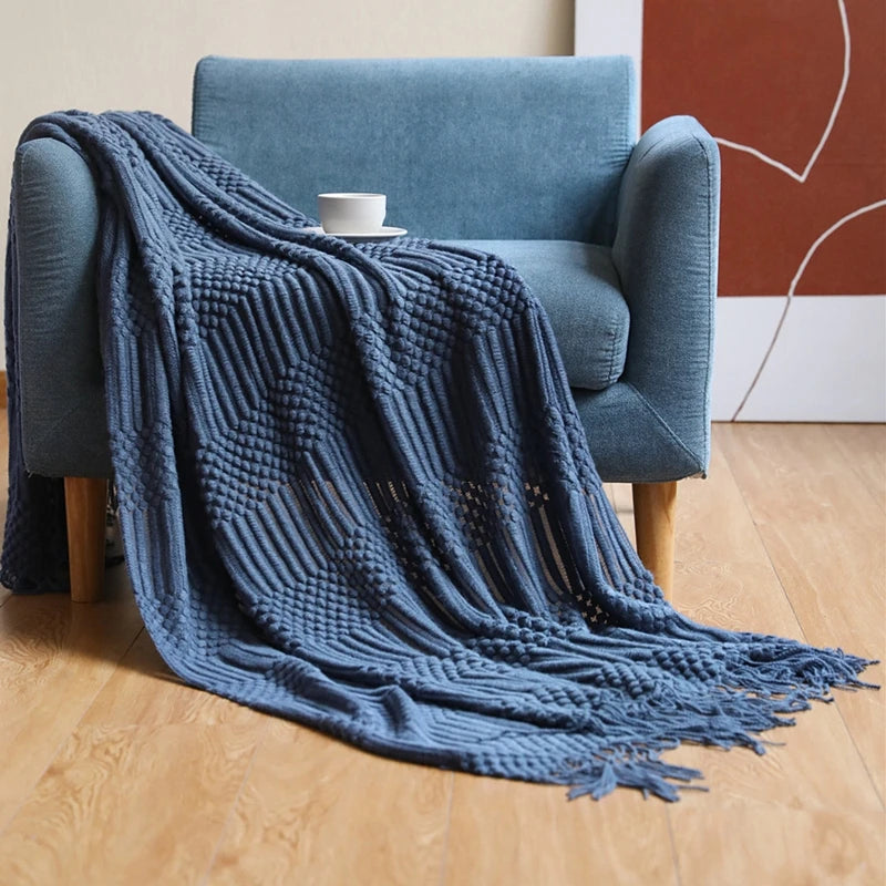 Khaki gift set knitted blanket with tassels, thick vintage luxury oversized throw cover for sofa.