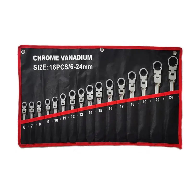 16 size ratchet combination wrench set displayed on a black and red storage organizer showcasing sizes 6-24mm.
