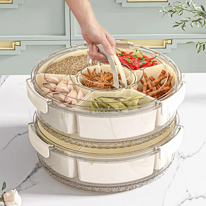 Food storage with 5 compartments, rotating storage container