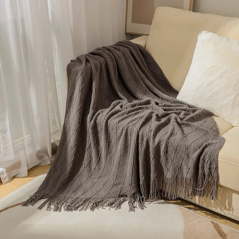 Khaki gift set knitted blanket with tassels, thick vintage luxury oversized throw cover for sofa.
