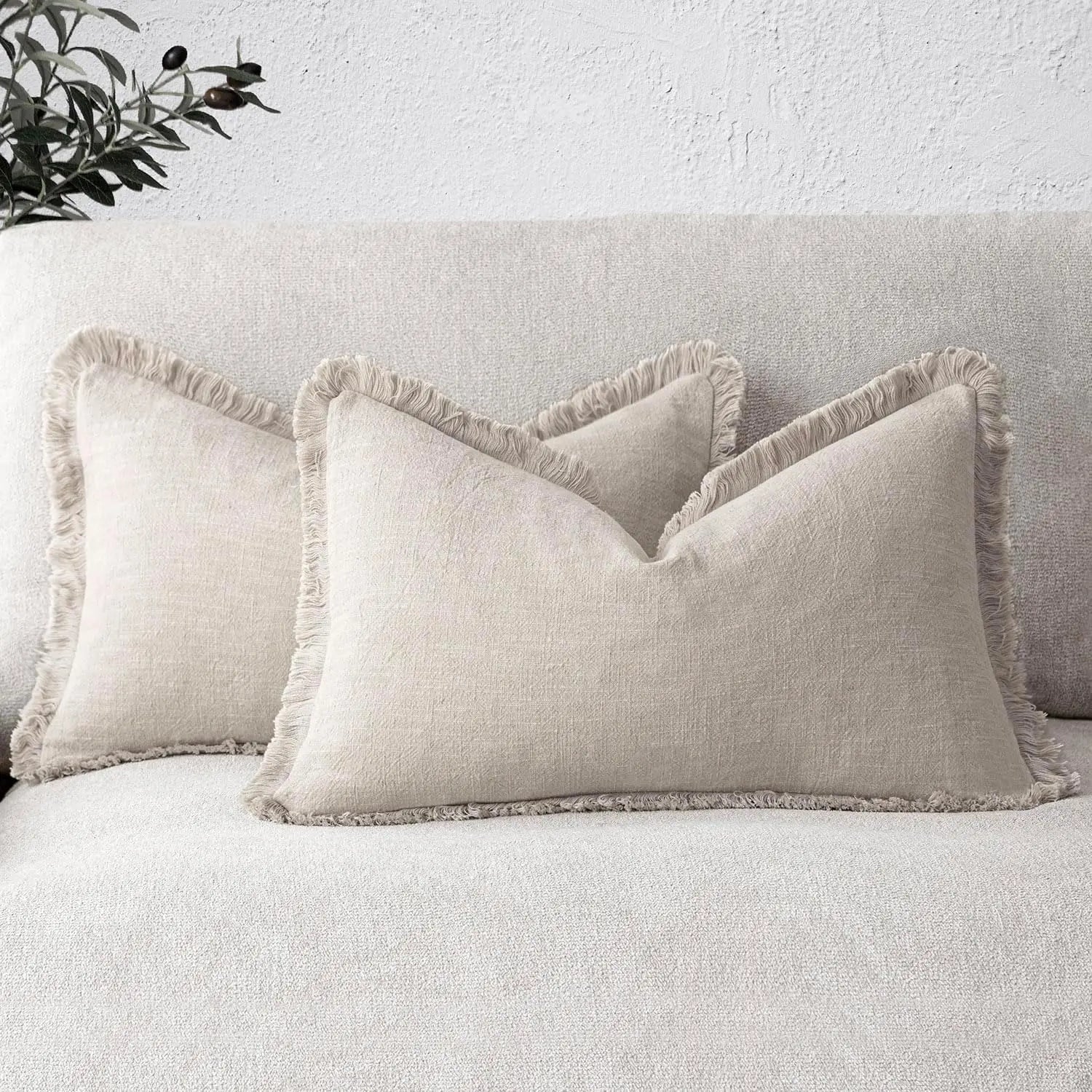 Set of 2 decorative linen cushion covers with fringes for sofa
