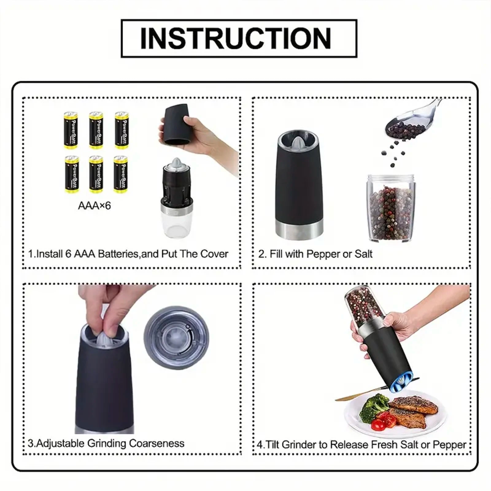 Gravity Electric Salt And Pepper Mill - Tilt To Grind Automatically Battery Powered