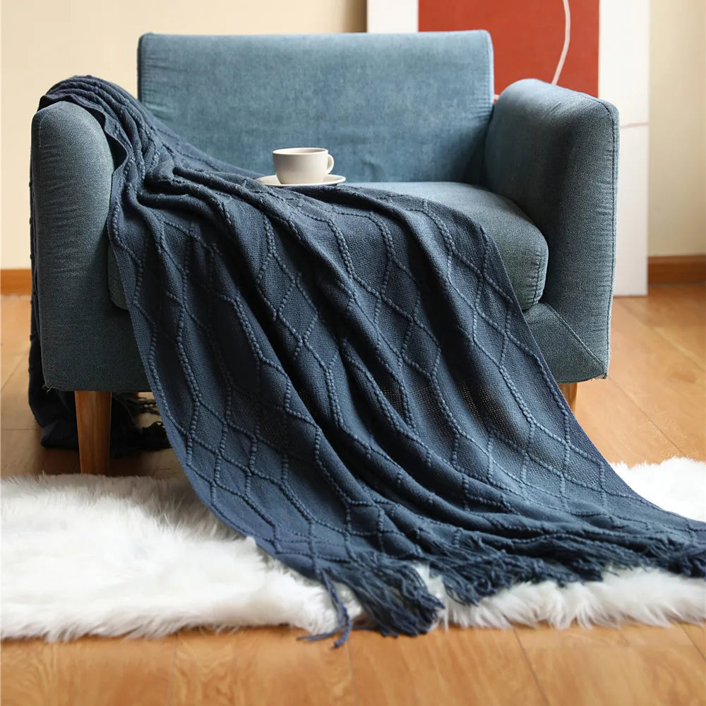 Khaki gift set knitted blanket with tassels, thick vintage luxury oversized throw cover for sofa.