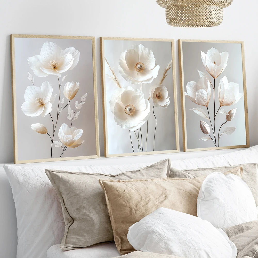 Nordic Beige Peony Flowers Canvas Painting Modern Floral Decoration