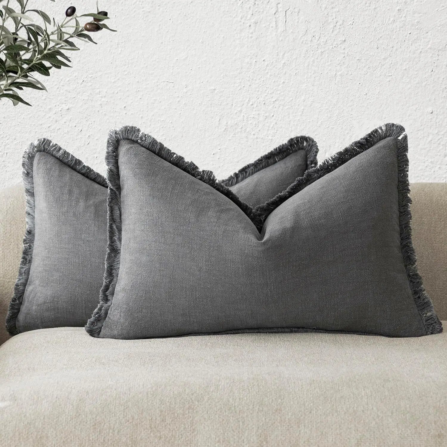 Set of 2 decorative linen cushion covers with fringes for sofa