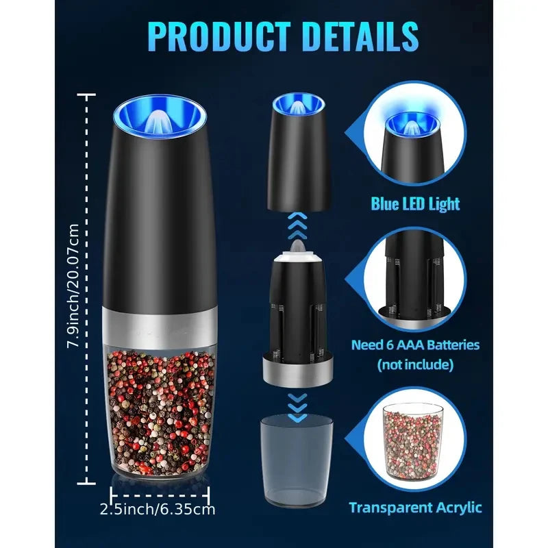 Gravity Electric Salt And Pepper Mill - Tilt To Grind Automatically Battery Powered