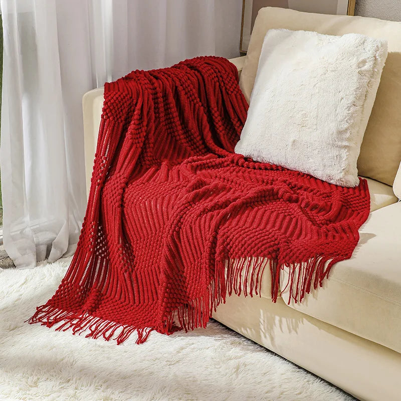 Khaki gift set knitted blanket with tassels, thick vintage luxury oversized throw cover for sofa.