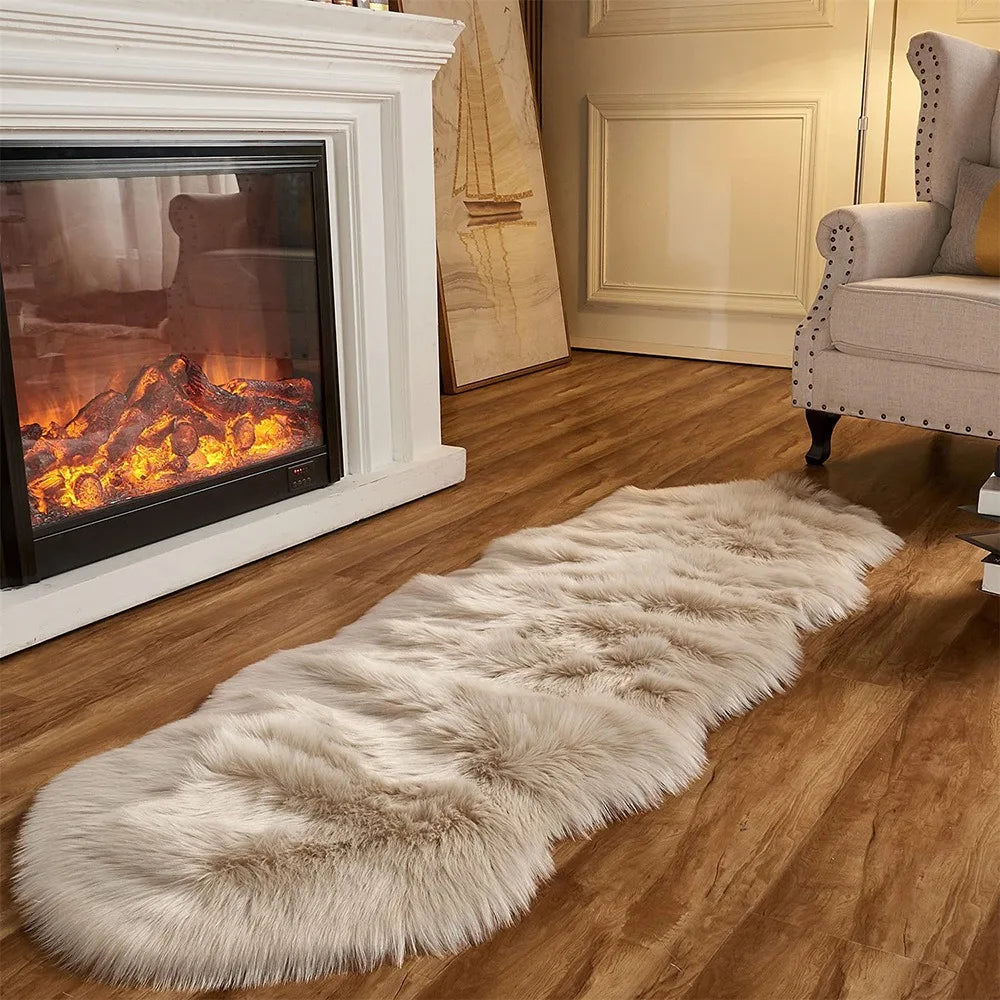 Soft and fluffy imitation sheepskin rug luxurious for bedroom or living room.