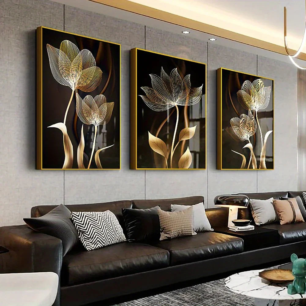 Black and Golden Flower Wall Art Canvas Painting Decor Modern