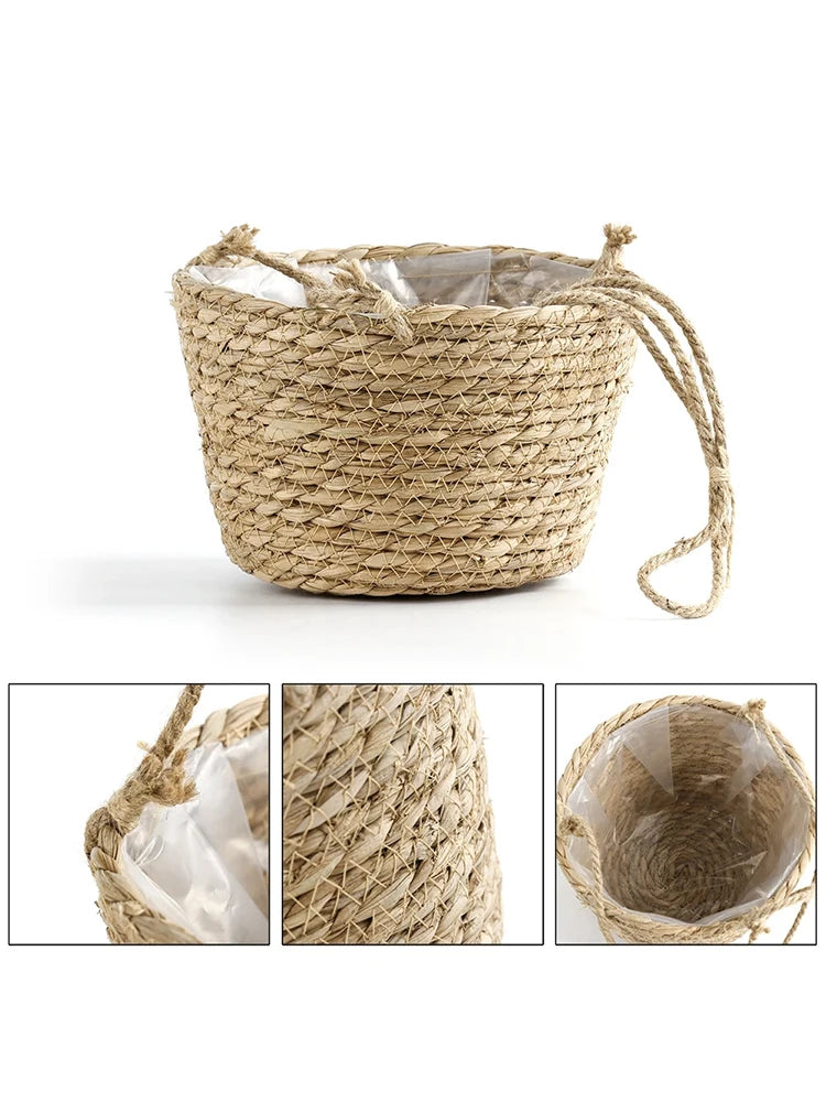 Straw Hanging Basket Planter Twine Woven Flower