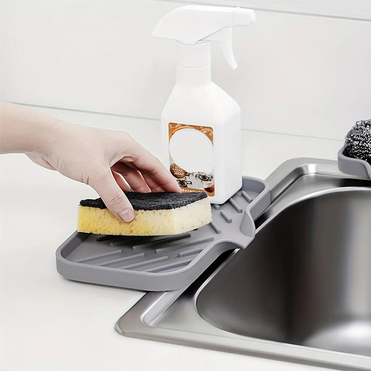 Soap dish sponge and brush organizer for kitchen and bathroom