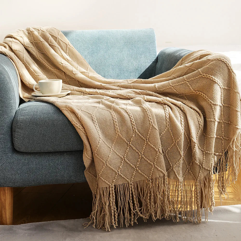 Khaki gift set knitted blanket with tassels, thick vintage luxury oversized throw cover for sofa.