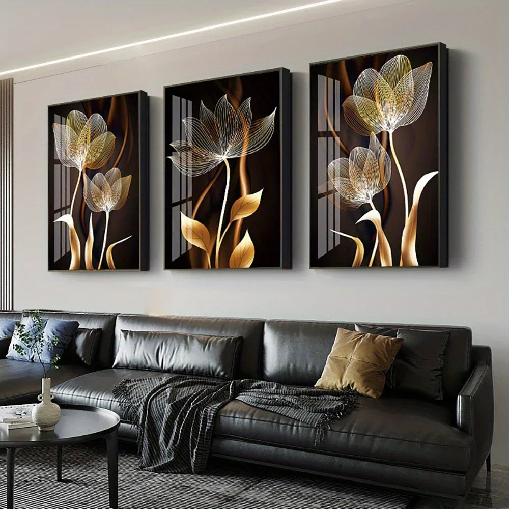 Black and Golden Flower Wall Art Canvas Painting Decor Modern