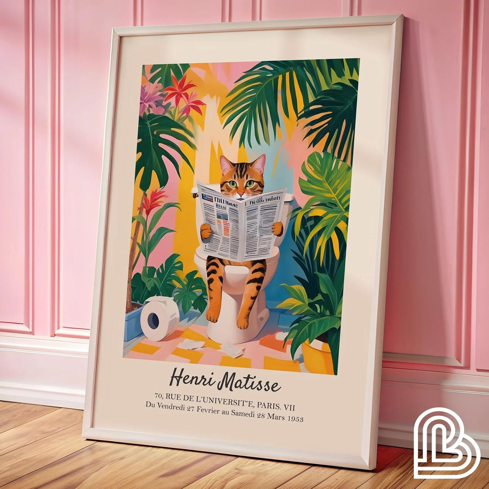 Black cat on toilet bathroom Pink tropical decor