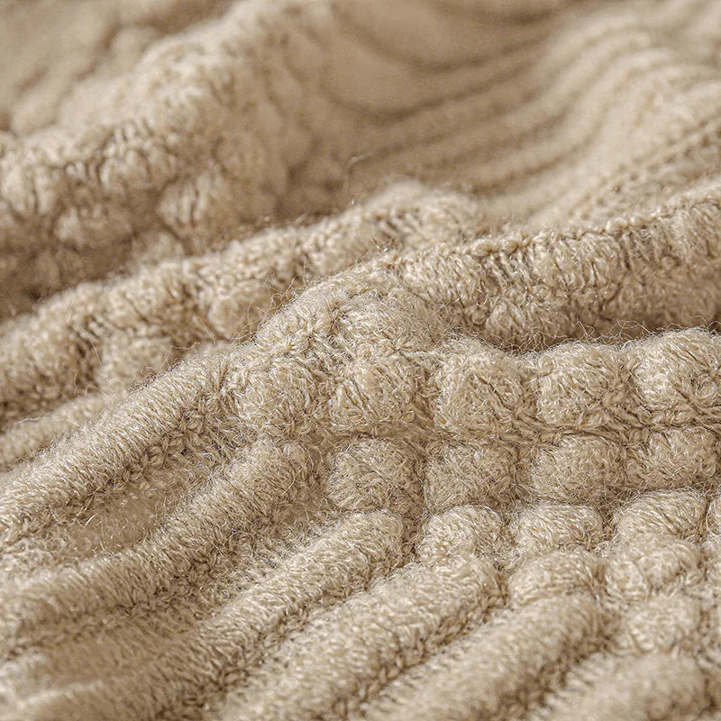 Khaki gift set knitted blanket with tassels, thick vintage luxury oversized throw cover for sofa.
