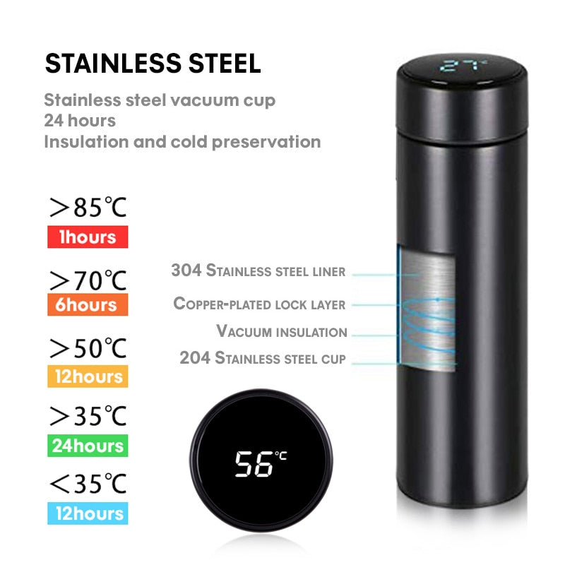 Thermos Bottle 500ml Led Stainless Steel Thermometer Water Coffee Tea Digital Display - enoughdream.com