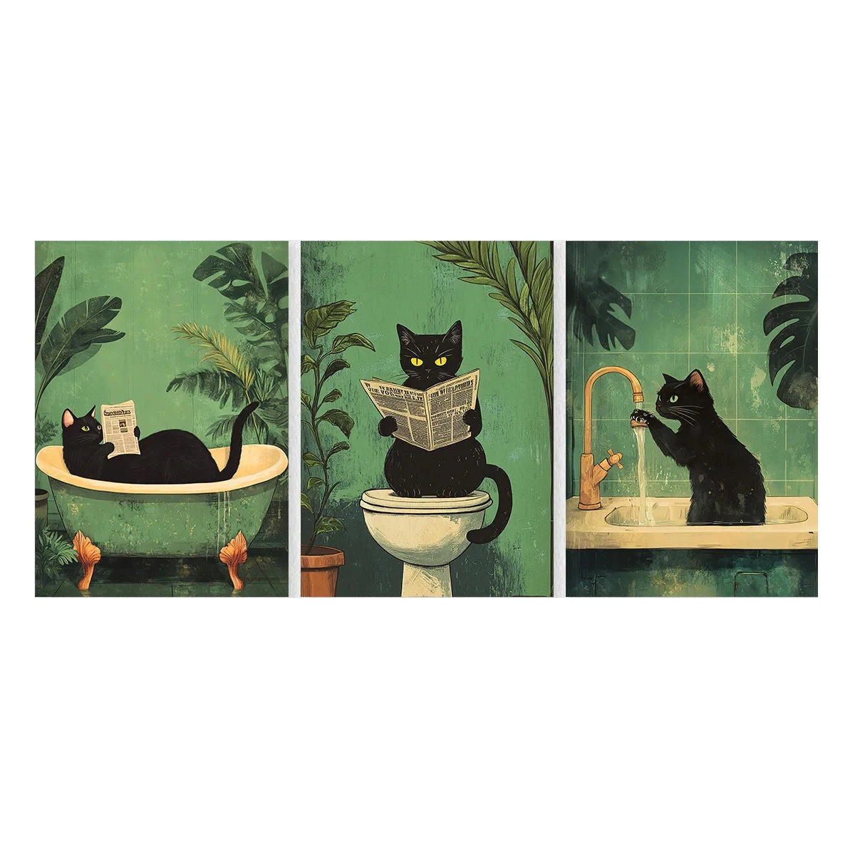 Black Cat Canvas Poster Retro Animal Toilet Wall Art Prints  Decor