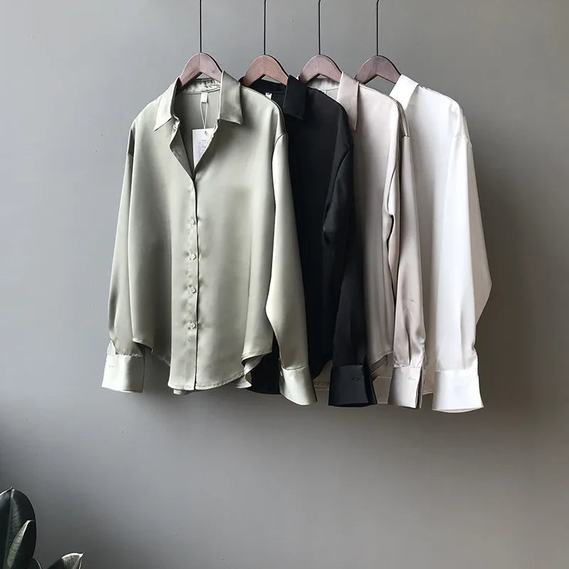 Spring Fashion Button Up Satin Silk Shirt Vintage - enoughdream.com