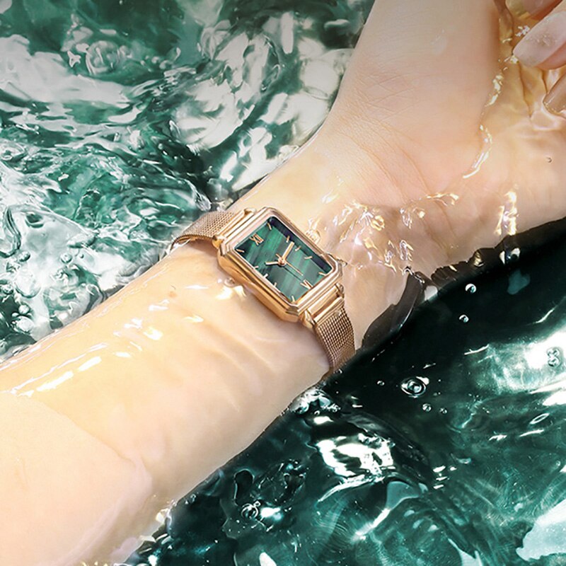 Luxury Women Watches Vintage Green Square Ladies Quartz Watch Brand Dial Simple Rose Gold Leather Steel Strap Wristwatch Clock - enoughdream.com