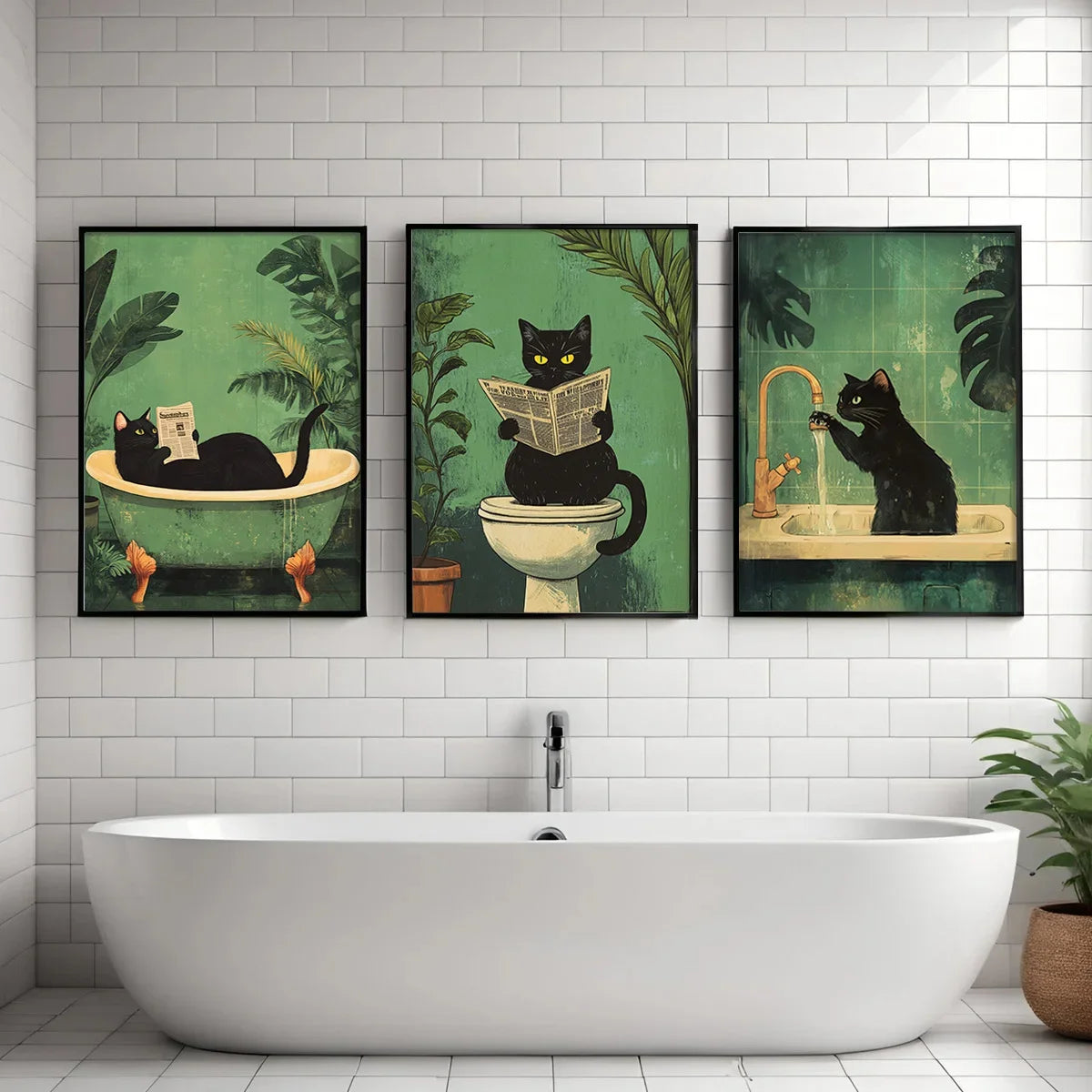 Black Cat Canvas Poster Retro Animal Toilet Wall Art Prints  Decor