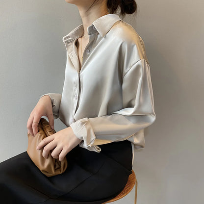 Spring Fashion Button Up Satin Silk Shirt Vintage - enoughdream.com