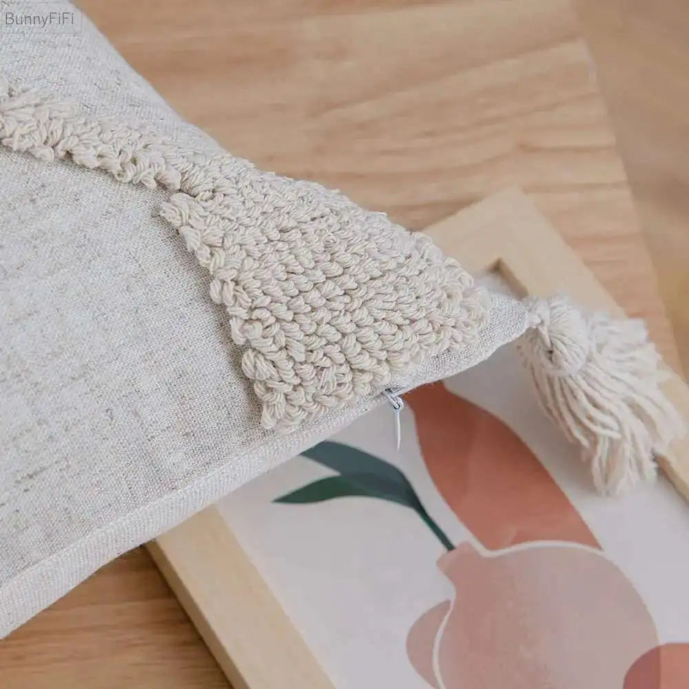 Beige neutral tassel pillowcase for living room, bedroom decor
