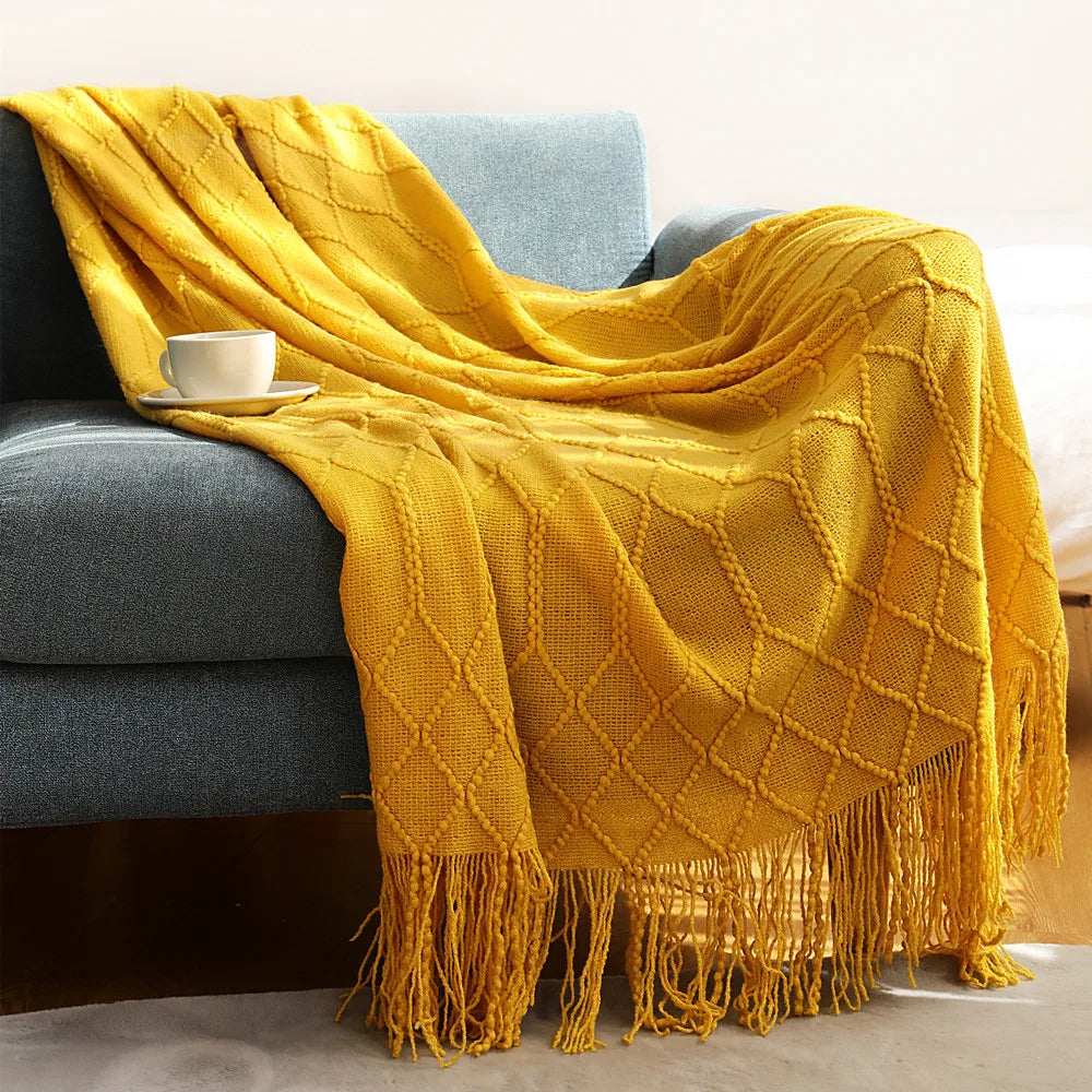 Khaki gift set knitted blanket with tassels, thick vintage luxury oversized throw cover for sofa.