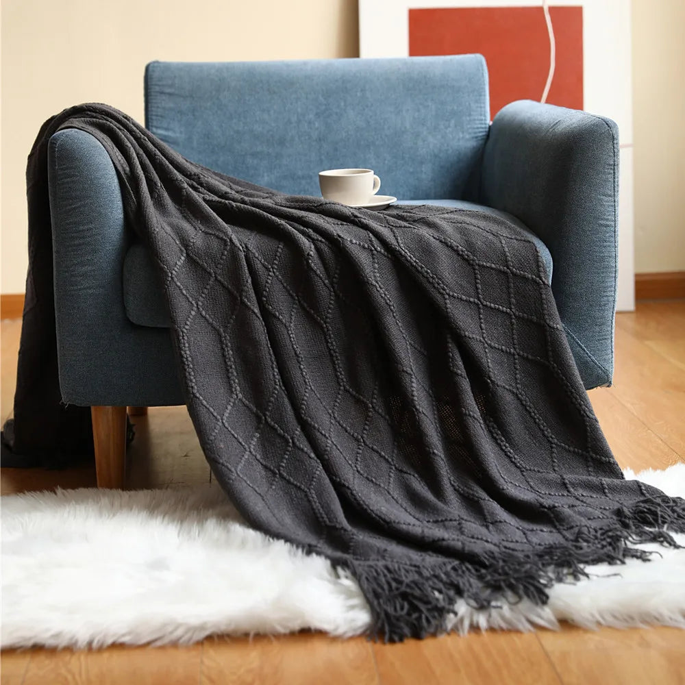 Khaki gift set knitted blanket with tassels, thick vintage luxury oversized throw cover for sofa.