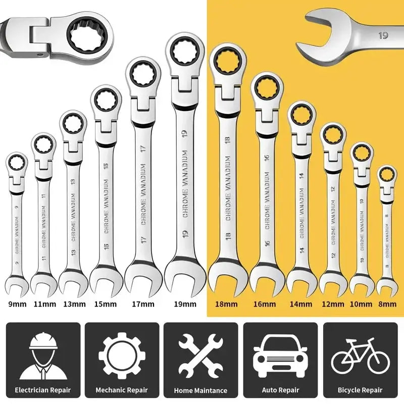 16 size ratchet combination wrench set featuring various sizes for electrician, mechanic, home maintenance, auto, and bicycle repairs.