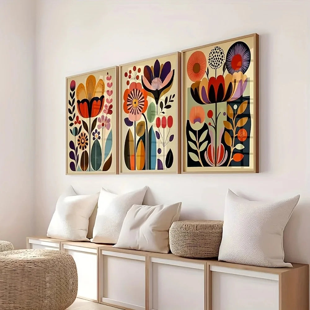 Scandinavian Folk Art Floral Canvas Nordic Home Decor